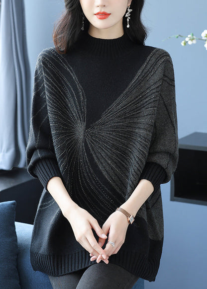 Black Turtleneck Zircon Thick Knit Sweaters Fall