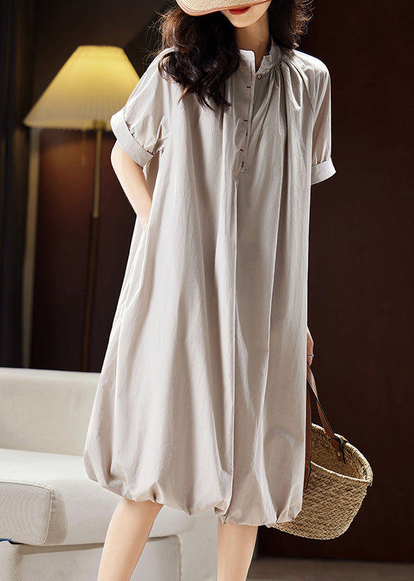 Light Grey Stand Collar Button Cotton Long Dress Summer