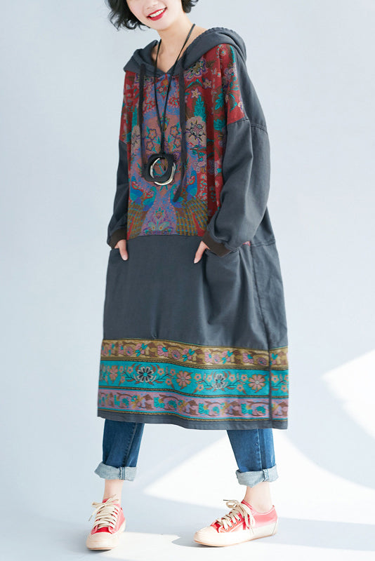 - Printed Hooded Sweater Knitted Denim Dress