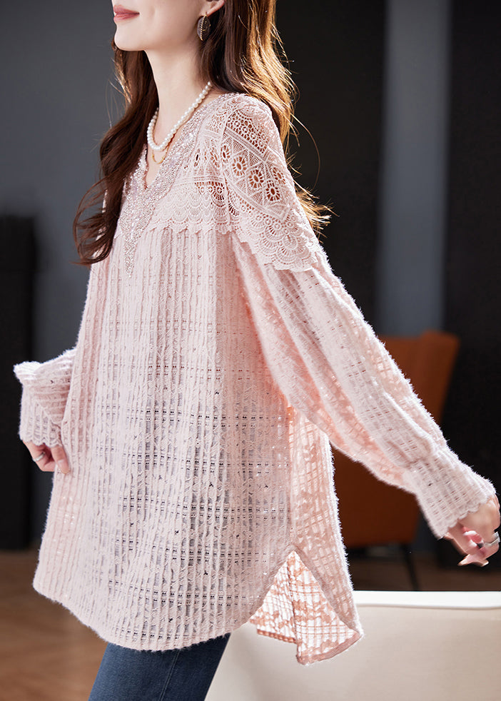 Pink Nail Bead Hollow Out Lace Shirt Spring