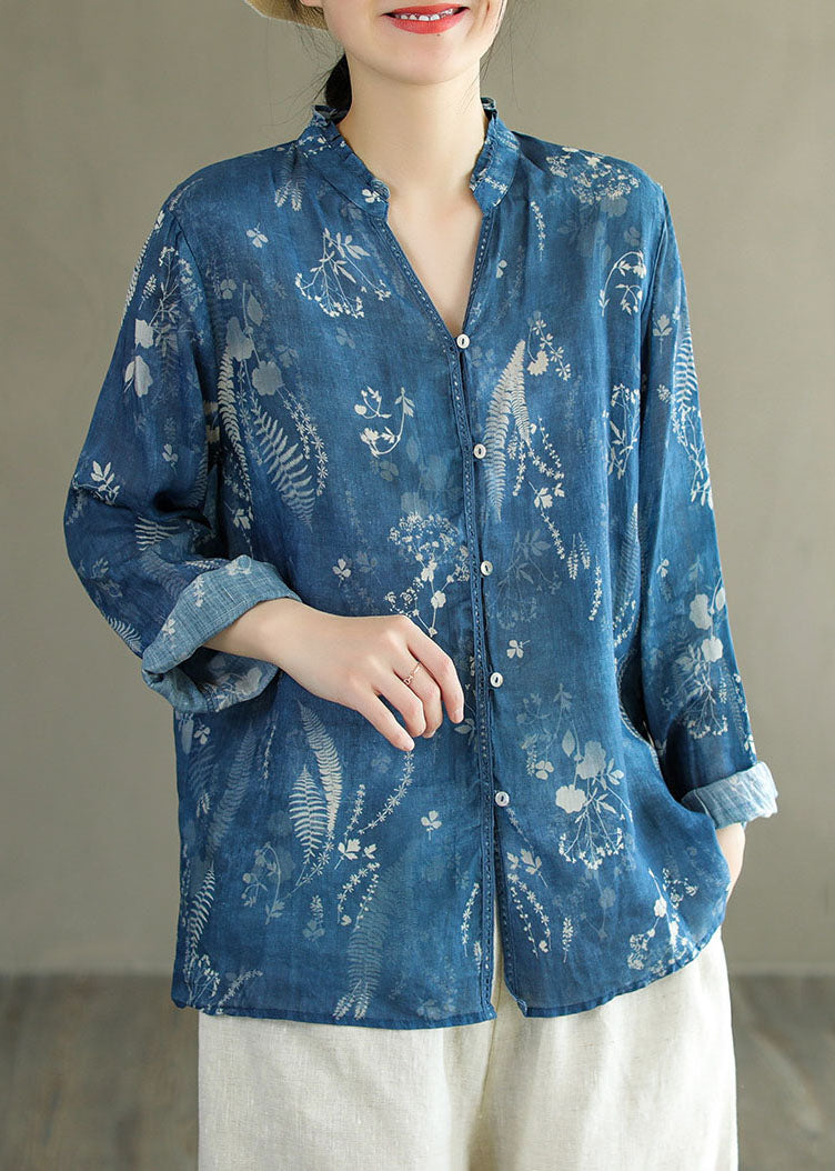 Diy Blue V Neck Ruffled Print Patchwork Linen Shirt Tops Spring