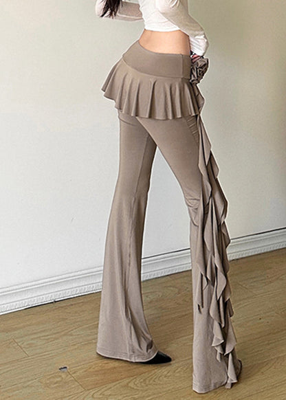 Khaki Ruffled Patchwork Tassel Fake Two Pieces Flare Pants Summer