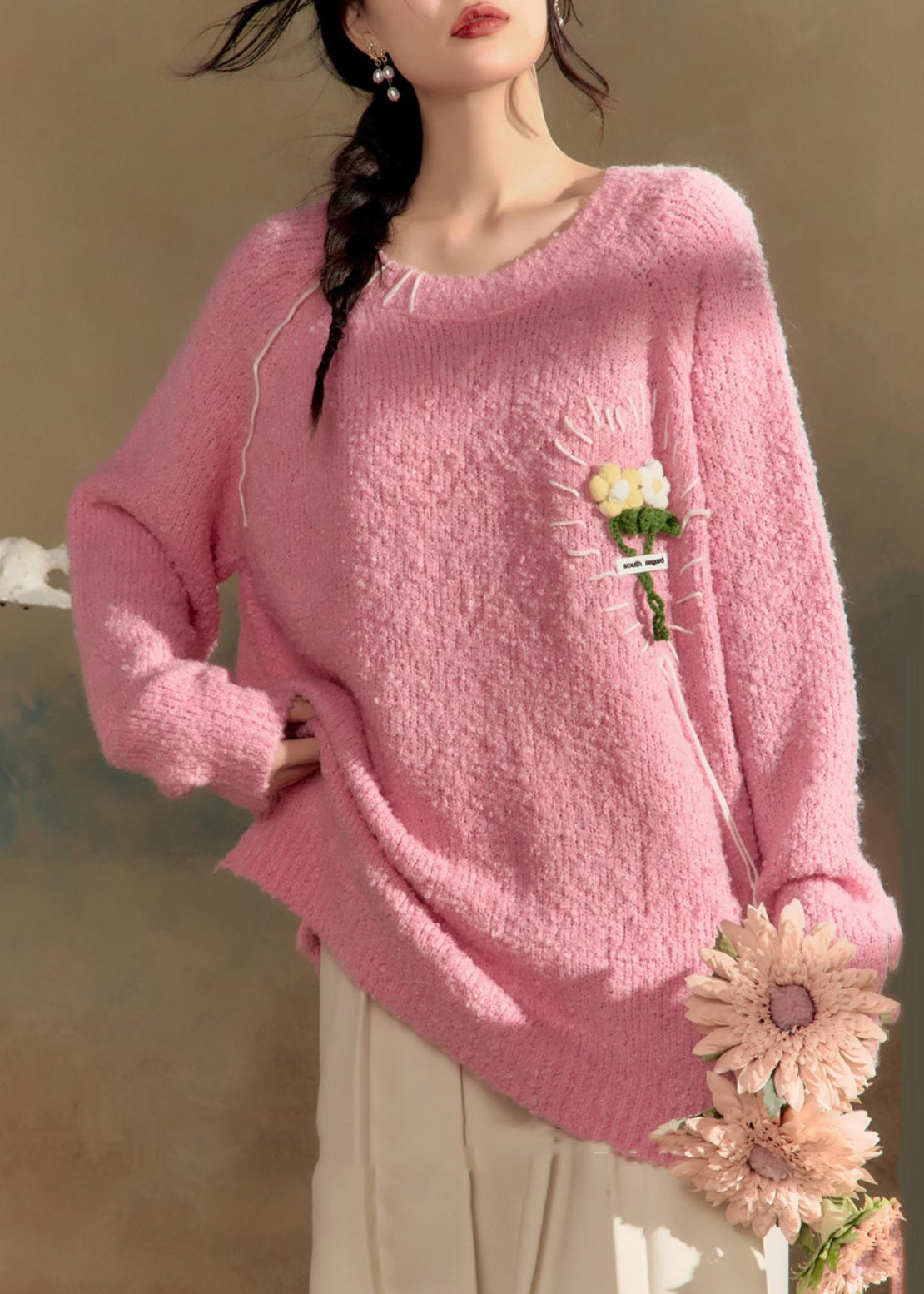 Pink O-neck Cotton Knit Sweaters Winter
