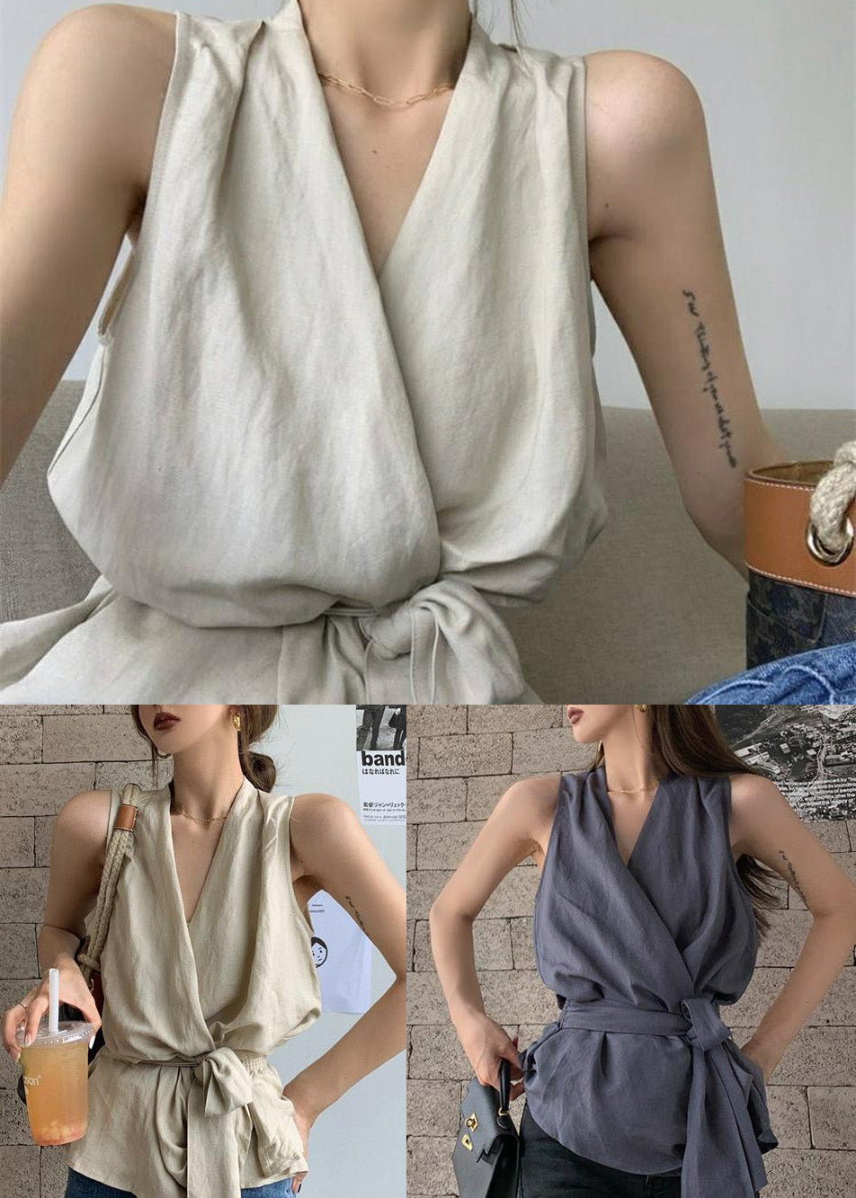 White Tie Waist Linen Vests Sleeveless