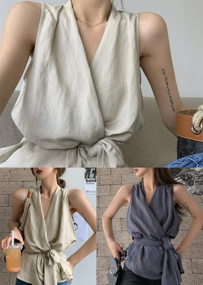 White Tie Waist Linen Vests Sleeveless