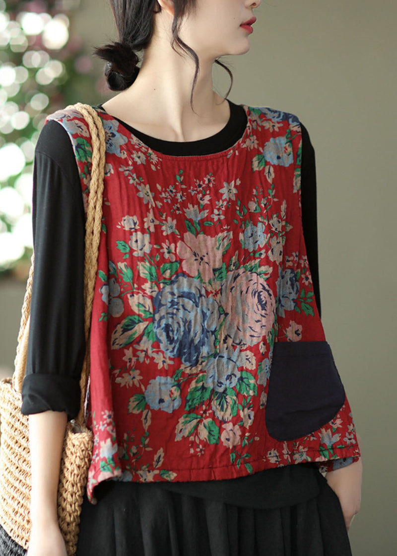 Red Linen Vest O-neck Pocket Patchwork Sleeveless