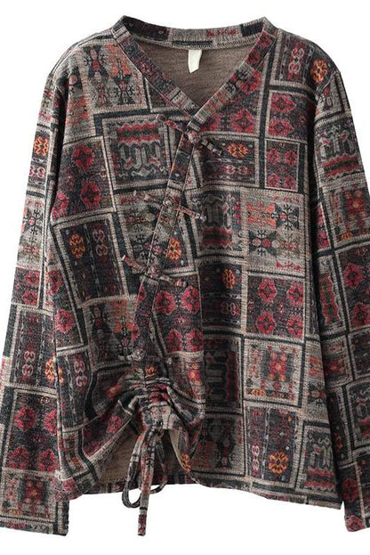 Retro Drawstring Print Cotton Blouse