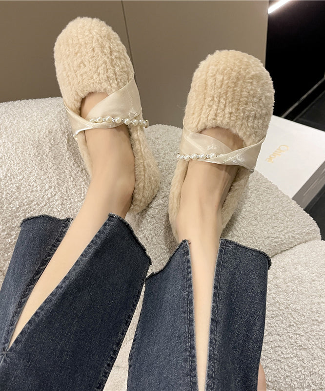 French Apricot Fuzzy Fur Splicing Flat Shoes for