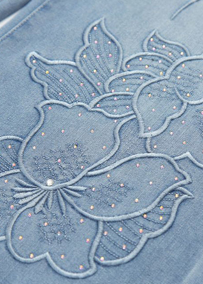 Handmade Blue Embroidered Zircon Denim Pants Fall