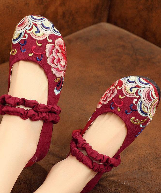 Red Embroidered Cotton Linen Fabric Flat Shoes Lace Up Flat Shoes