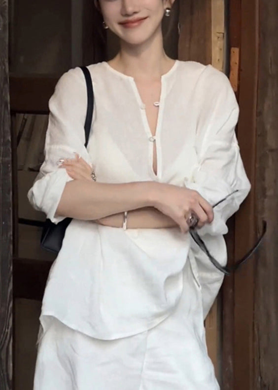 White Button Shirts and Pockets Shorts Cotton Two Pieces Set Summer