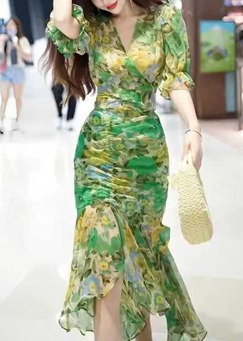 Green V Neck Print Patchwork Chiffon Long Dress Summer