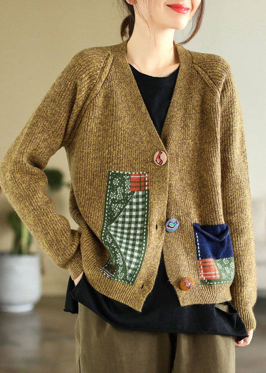 Yellow V Neck Patchwork Applique Knit Cardigans Winter