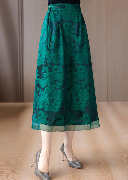 Green Print Silk a Line Skirts Tasseled Summer