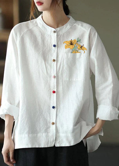 Modern Gray Crane Loose Patchwork Pockets Fall Long Sleeve Blouse Top