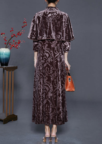 Chocolate Jacquard Silk Velvet Long Dress Two Piece Set Fall