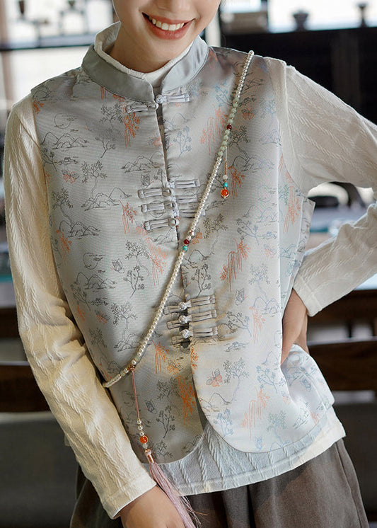Chinese Style Grey Jacquard Fine Cotton Filled Silk Vest Sleeveless