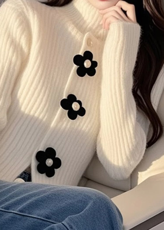 French White Hign Neck Knit Sweaters Top Spring