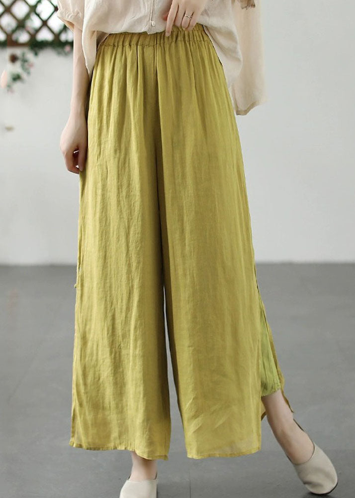 Yellow Embroidered Patchwork Linen Wide Leg Pants Summer