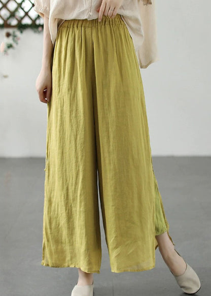 Yellow Embroidered Patchwork Linen Wide Leg Pants Summer