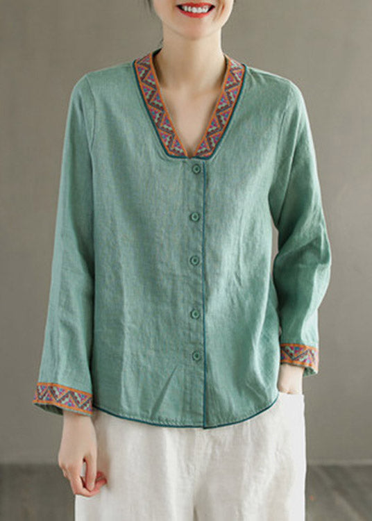 Blue V Neck Embroidered Button Linen Shirt Long Sleeve