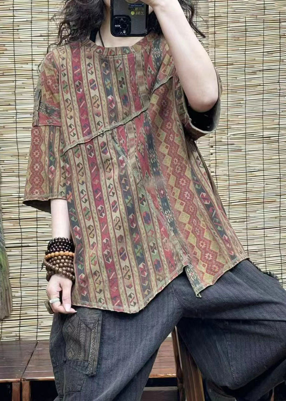 Red Print Asymmetrical Patchwork Cotton T Shirt Top Summer