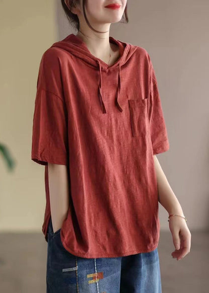 Red Drawstring Cotton Hooded T Shirt Summer