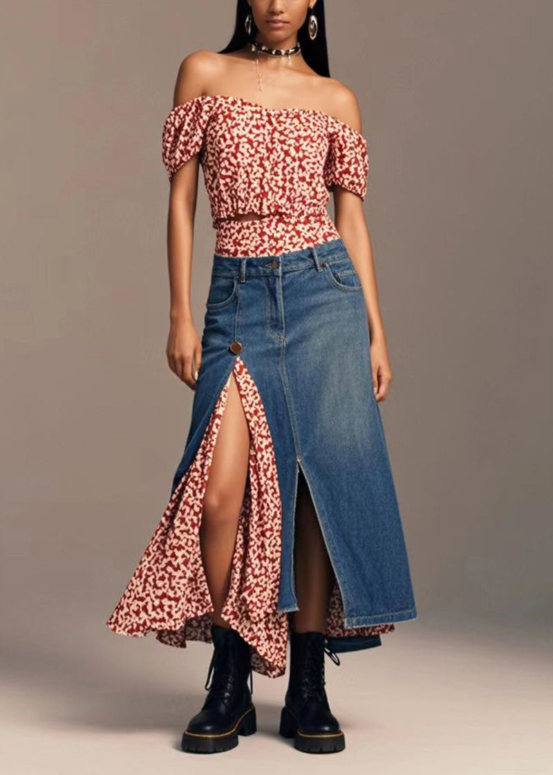 Navy Asymmetrical Patchwork Side Open Denim Skirt Fall