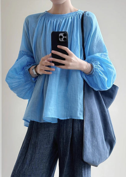 New Blue O-neck Cotton Shirt Lantern Sleeve