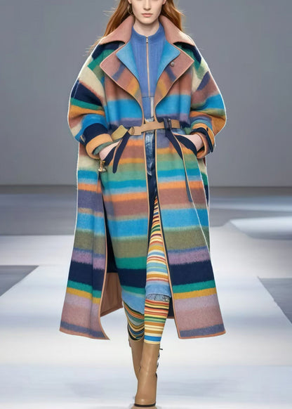 Colorblock Oversized Striped Woolen Trench Fall
