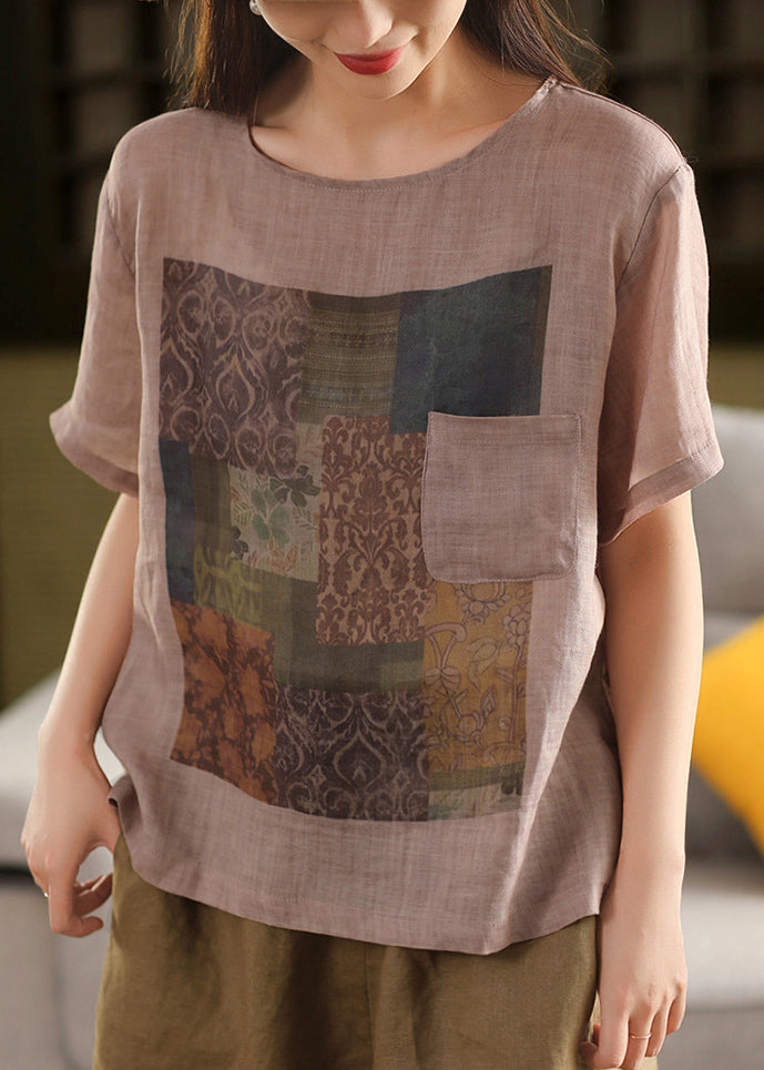 Skin Pink O Neck Print Pockets Linen T Shirts Summe