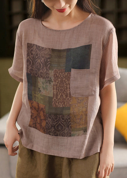 Skin Pink O Neck Print Pockets Linen T Shirts Summe