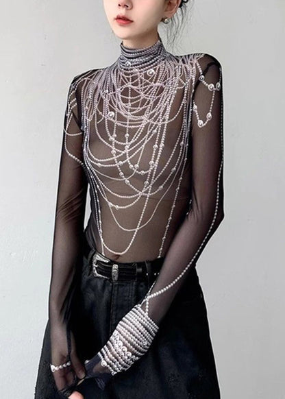 Boutique Black Turtleneck Pearl Print Tulle Top Spring