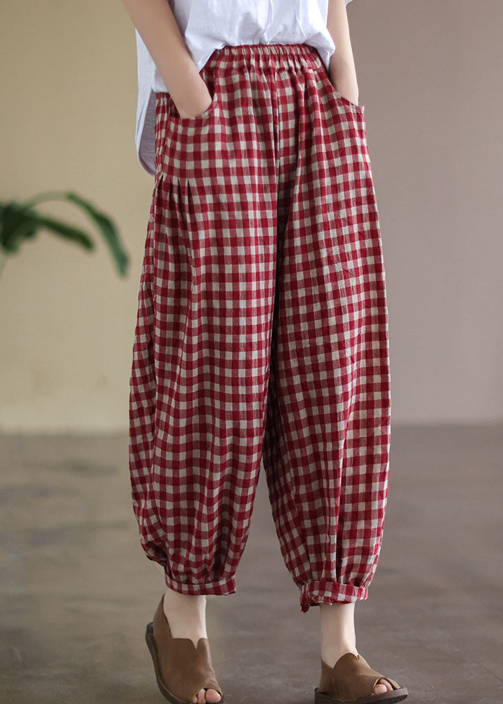 Red Plaid Pockets Elastic Waist Linen Crop Pants Summer