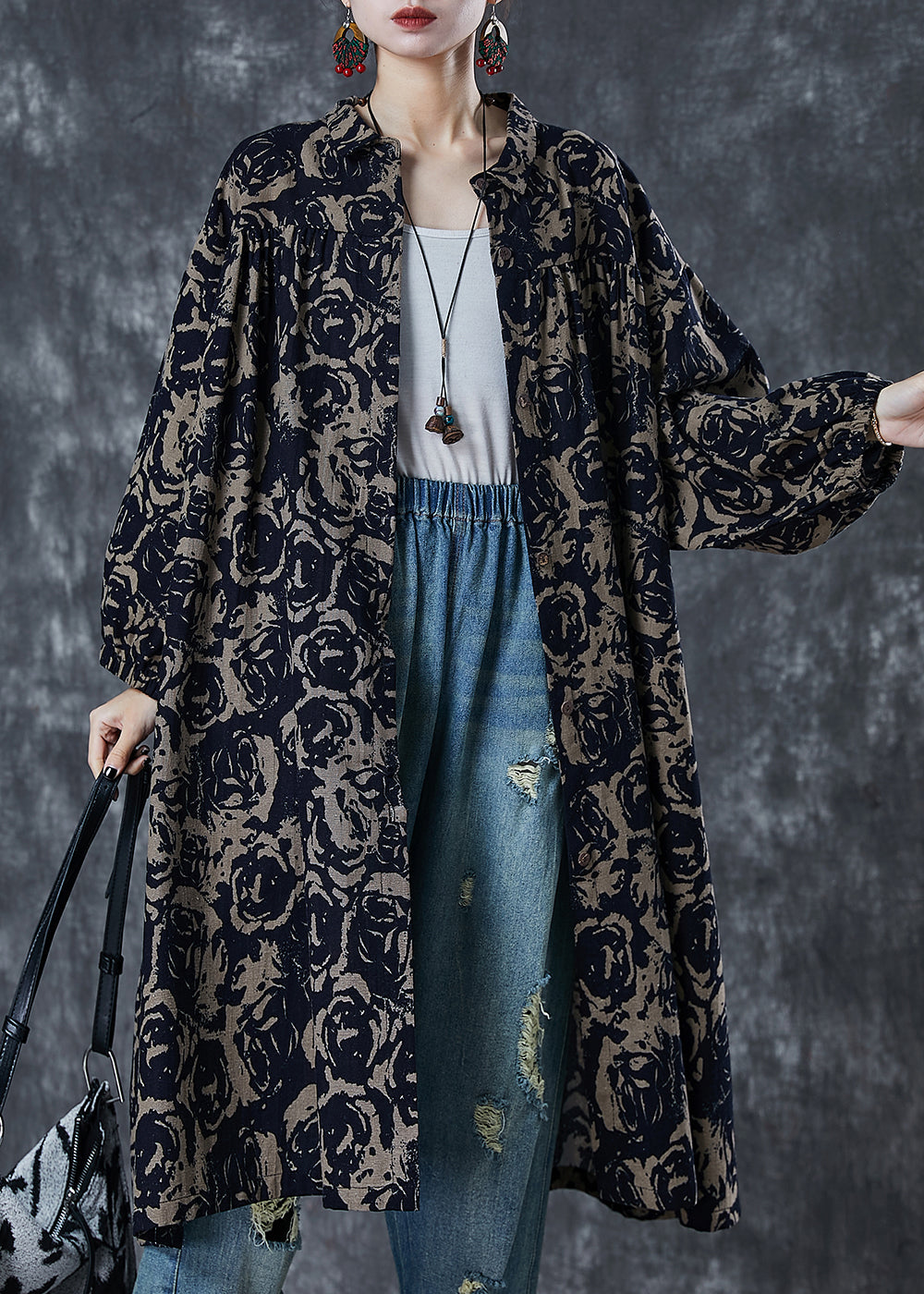 Coffee Print Cotton Shirt Dress Oversized Spring