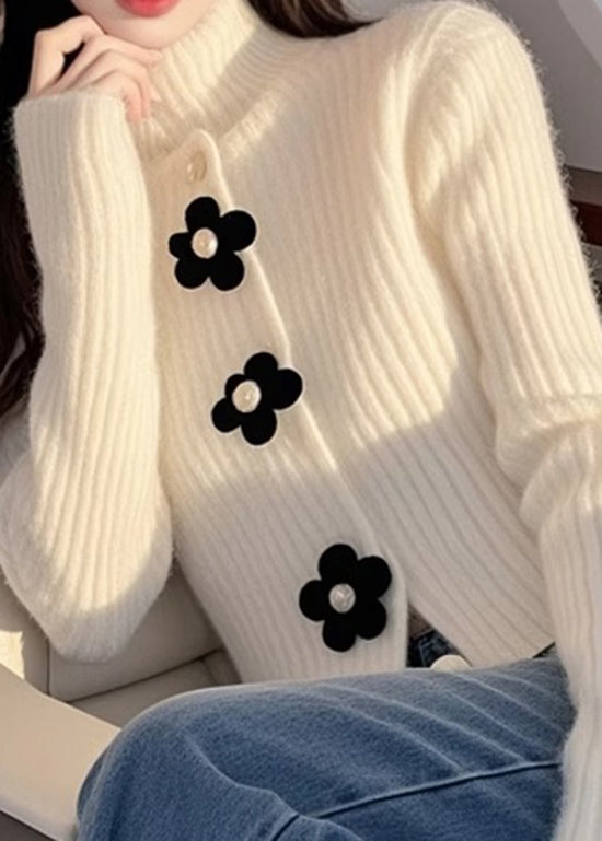 French White Hign Neck Knit Sweaters Top Spring
