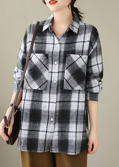 Black Pockets Plaid Cotton Shirts Coat Peter Pan Collar Fall