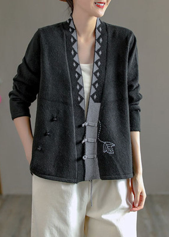 Art Beige V Neck Embroidered Asymmetrical Design Patchwork Fall Knit Sweaters
