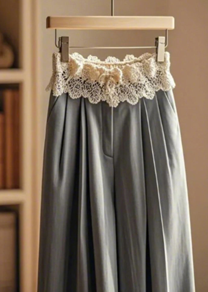 Grey Wrinkled Patchwork Lace Wide Leg Pants Fall