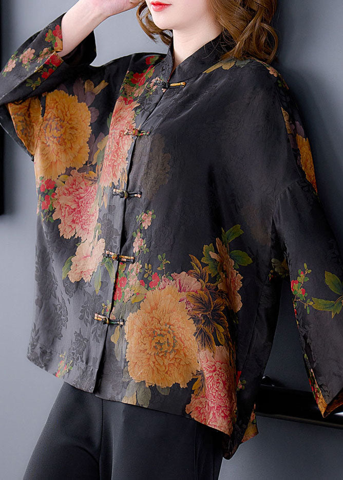 Original Black Mandarin Collar Button Print Silk Coats Long Sleeve