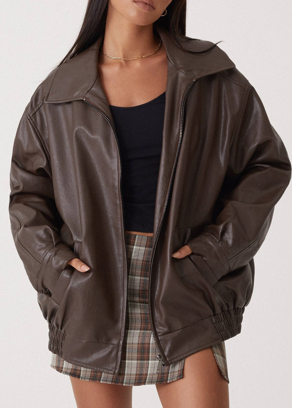 Coffee Peter Pan Collar Zippered Faux Leather Jackets Fall
