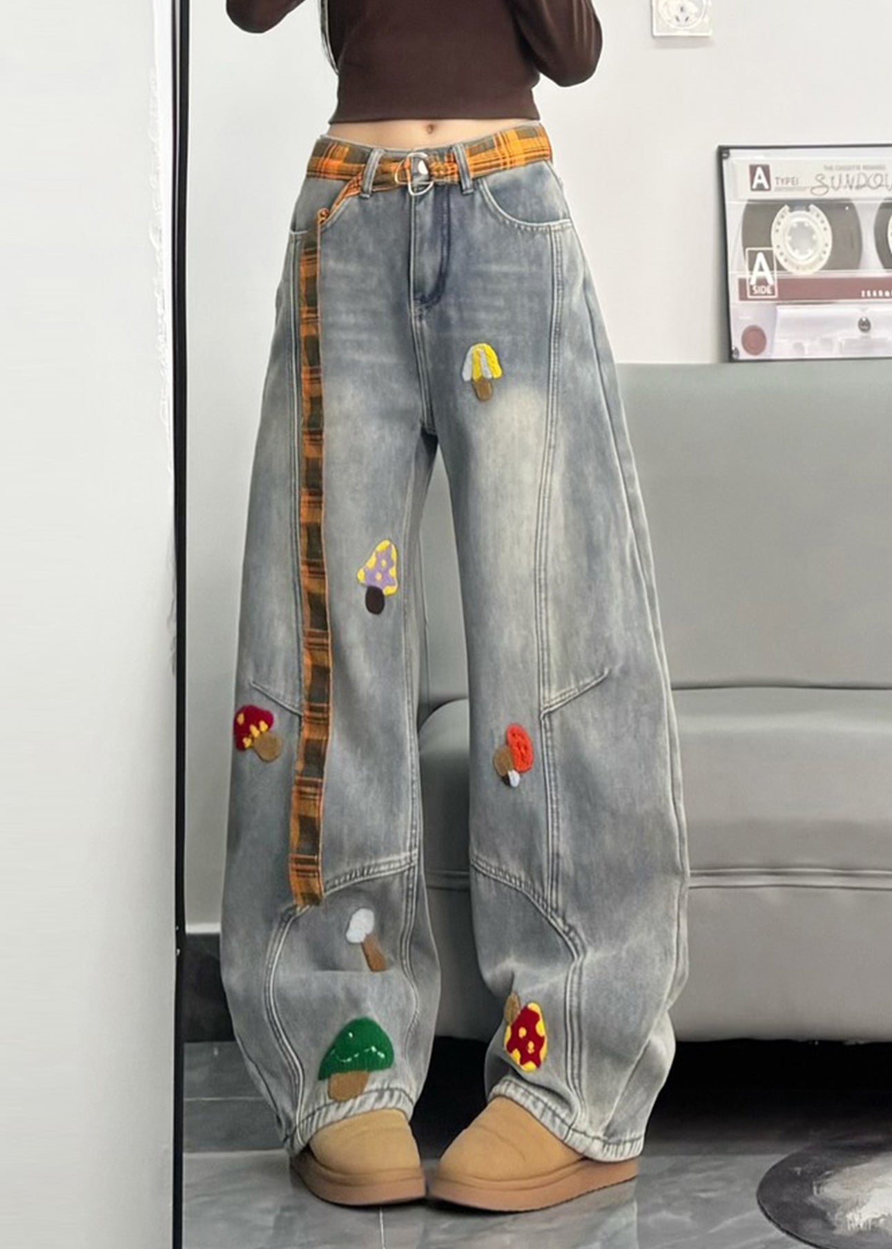Fitted Grey Embroidered Patchwork Denimwarm Fleece Pants Winter
