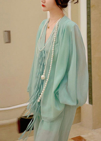 Modern Green O-neck Chiffon Top and Wide Leg Pants Two Piece Set Spring