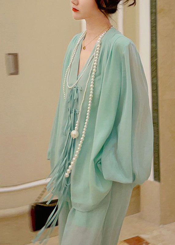 Modern Green O-neck Chiffon Top and Wide Leg Pants Two Piece Set Spring