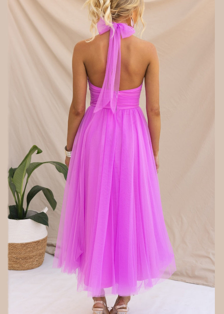 Pink Lace Up Zippered Tulle Dresses Sleeveless