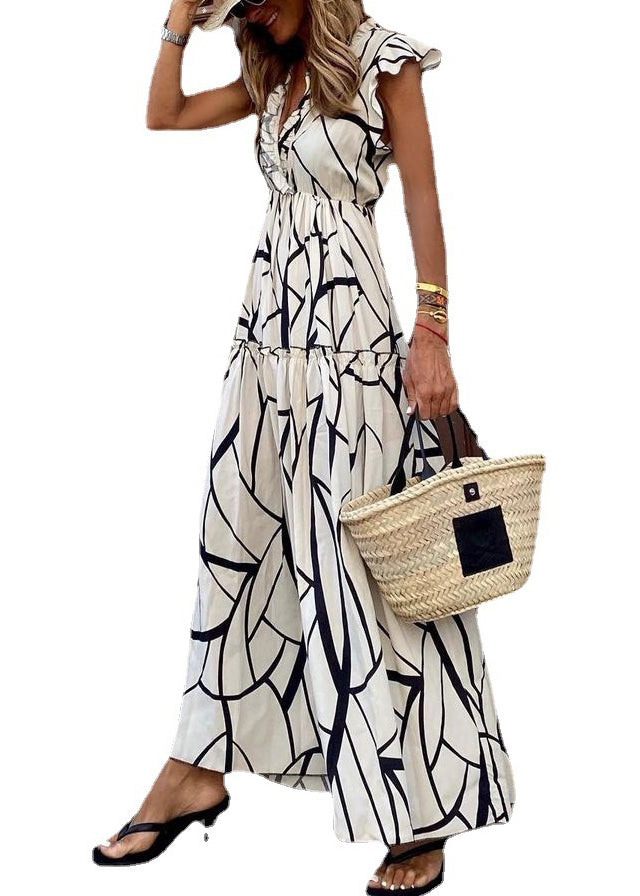 White Ruffled Print Cotton Long Dresses Summer