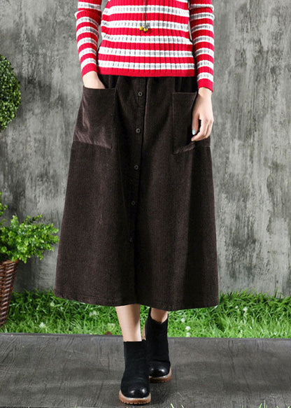 Dark Brown Corduroy Skirts Elastic Waist Button Winter