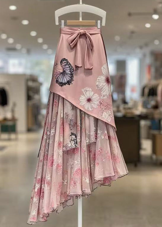 Pink Print Lace Up Patchwork Chiffon Skirts Summer