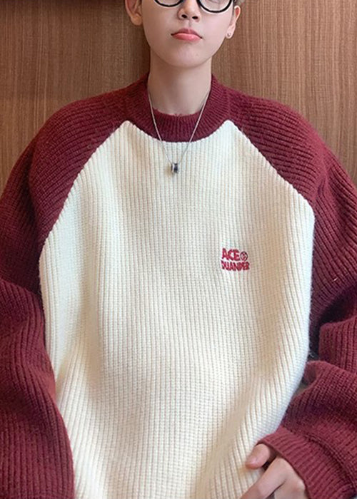 Loose Red Letter Patchwork Knit Sweater Winter