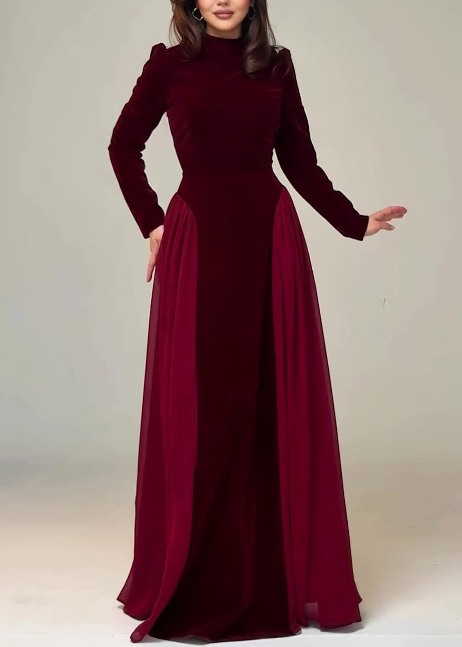 Wine Red Chiffon Patchwork Velour Long Dresses Tie Waist